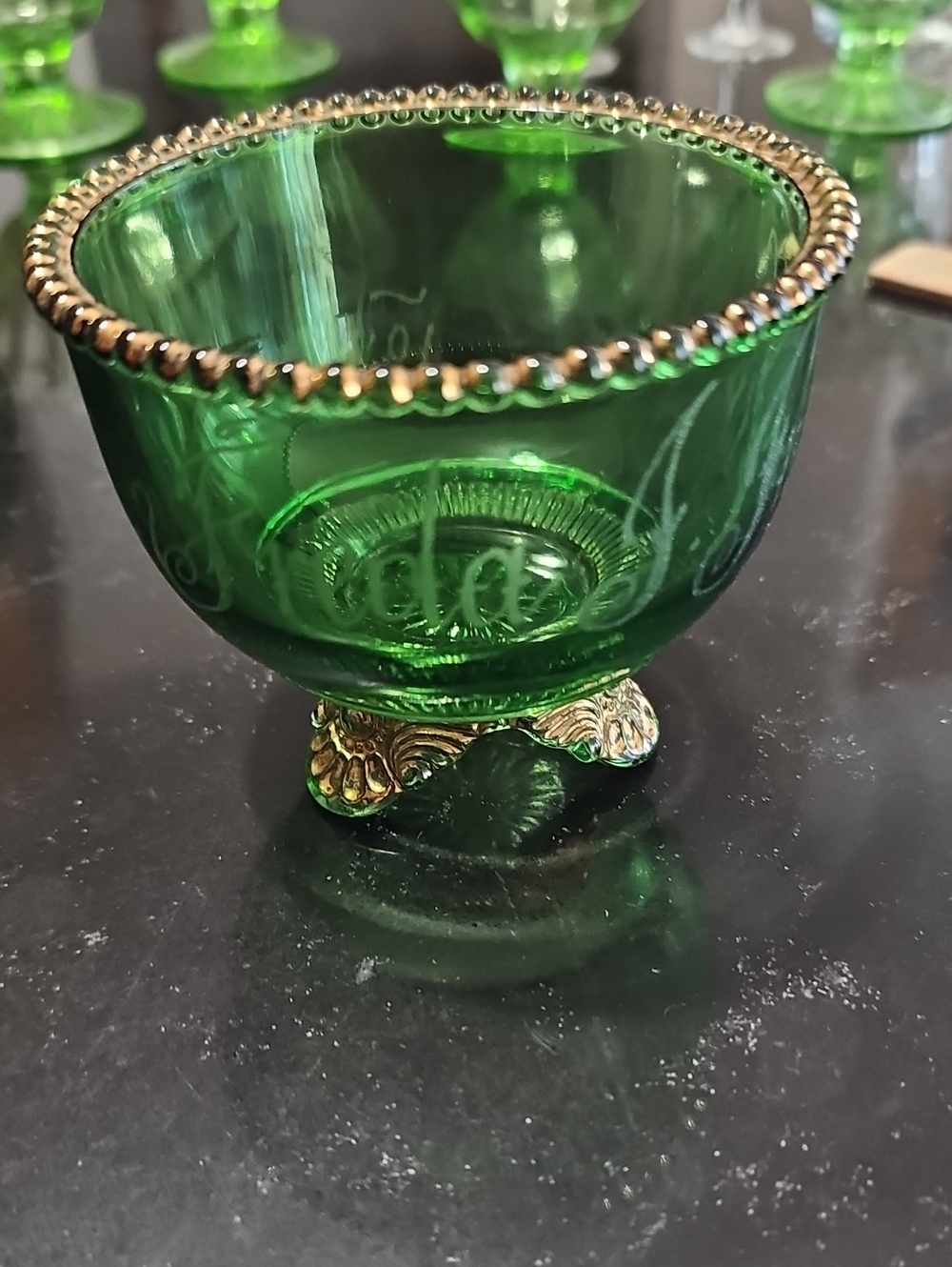 Antique Green Glass Decorative Bowl with Gold Trim -
